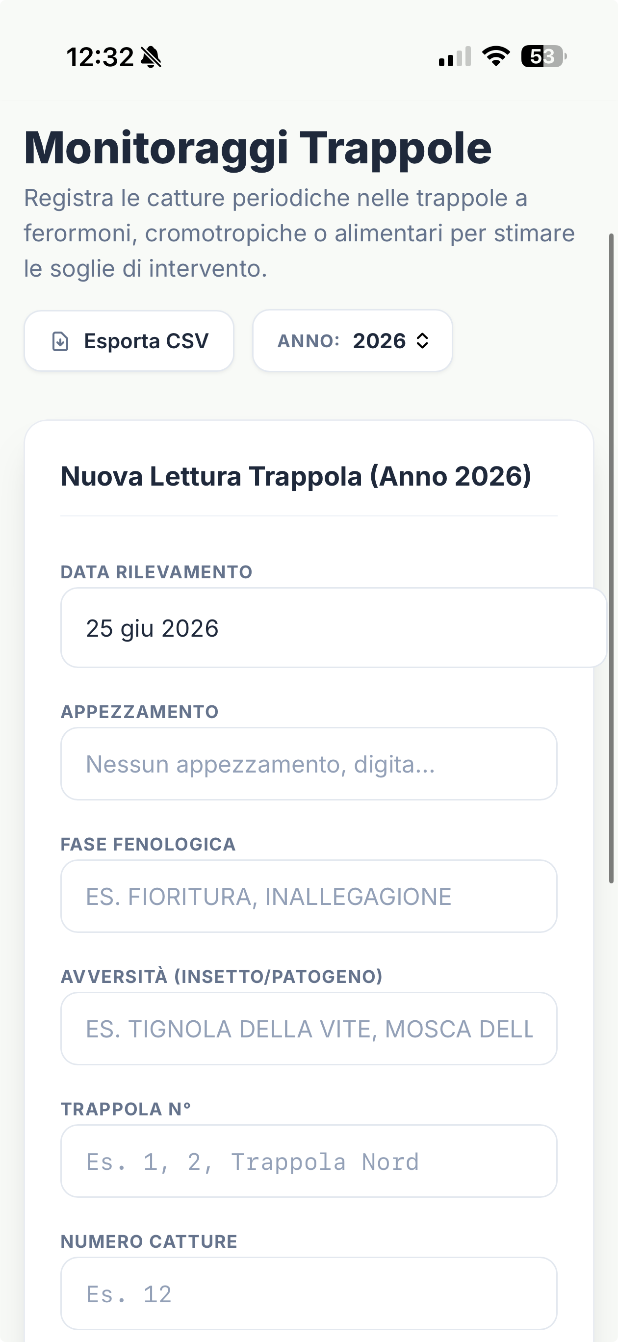 App mockup per Monitoraggi Trappole
